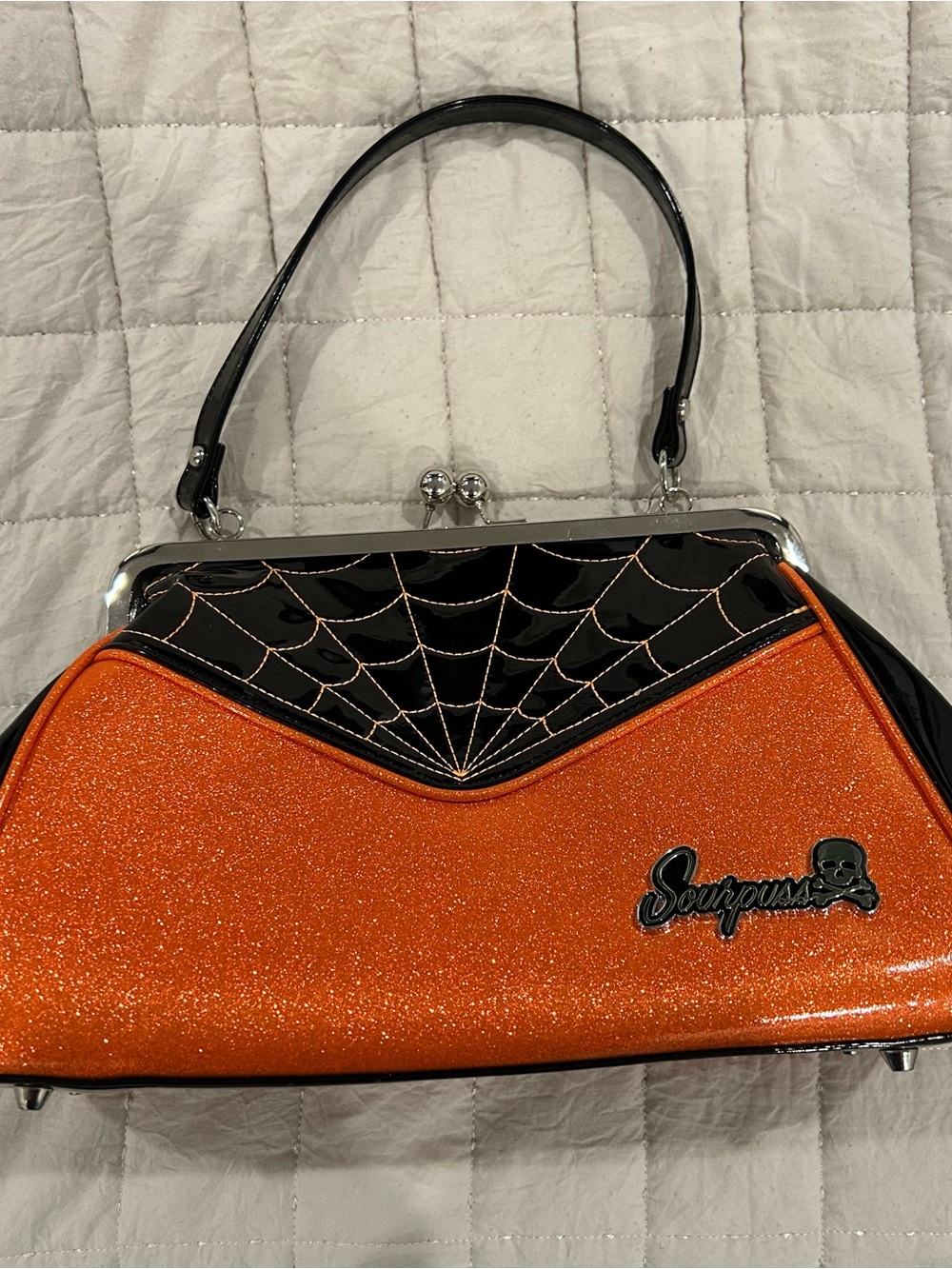 RARE Sourpuss Orange Glitter Spiderweb Handlelock kiss Bag - Picture 5 of 15